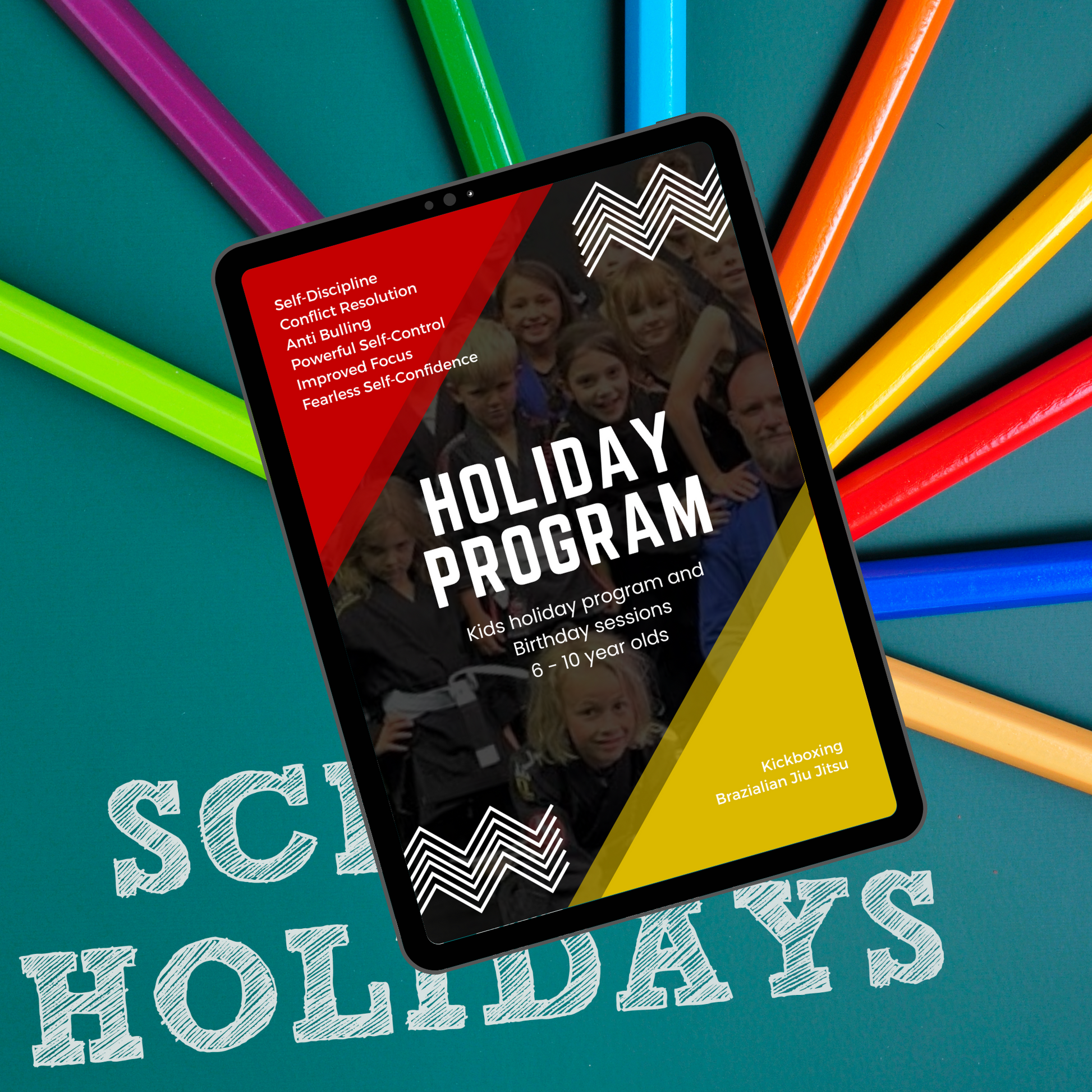 Martial Arts Holiday Program for Kids 6-10, featuring Kickboxing and BJJ training.