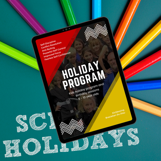 Martial Arts Holiday Program for Kids 6-10, featuring Kickboxing and BJJ training.