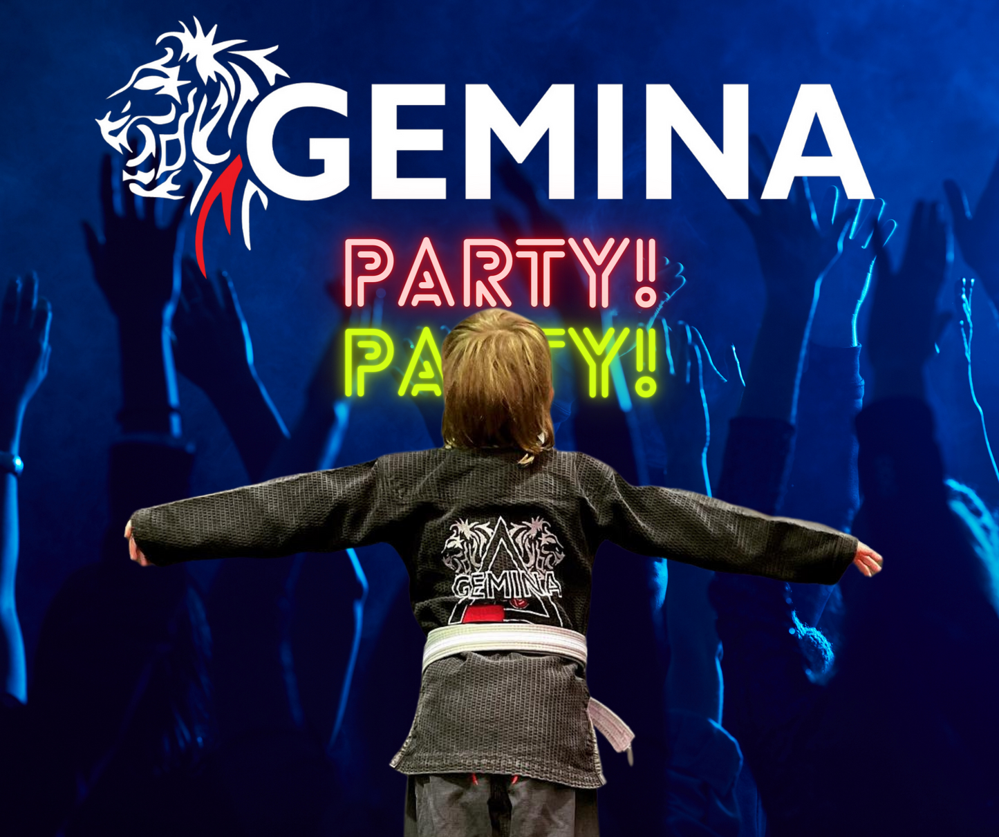 Child in martial arts uniform with Gemina logo, front of cheering crowd, "Party!" text, fitness-packed holiday sessions for kids.