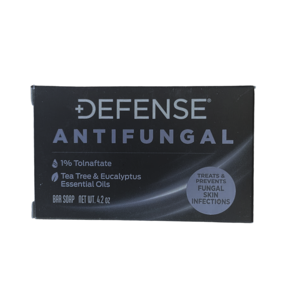 Defense Soap bar with tea tree and eucalyptus oils, antifungal properties, 4.2 oz package.