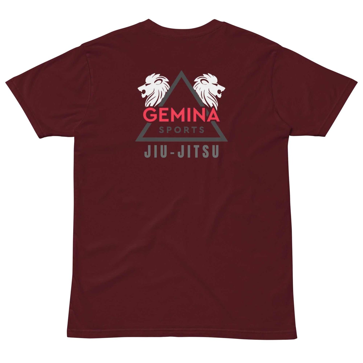 Maroon Gemina Jiu Jitsu club t-shirt with lion logo and text design.