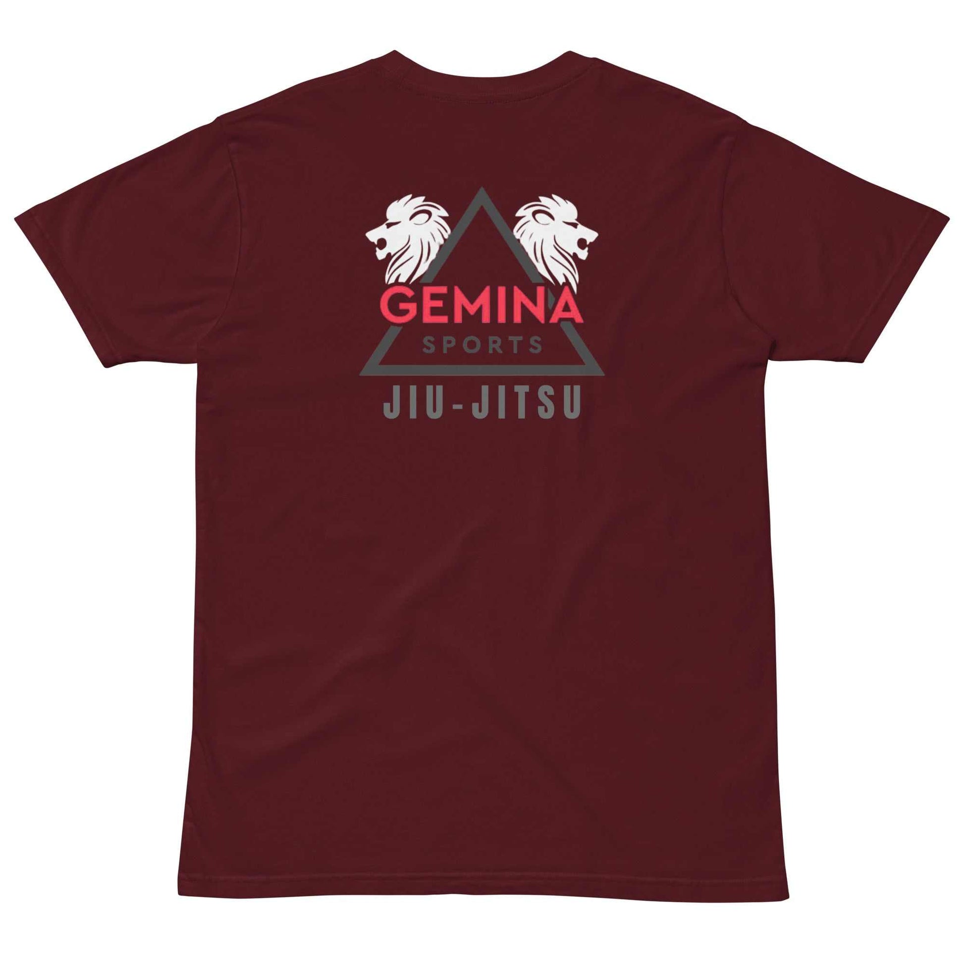 Maroon Gemina Jiu Jitsu club t-shirt with lion logo and text design.