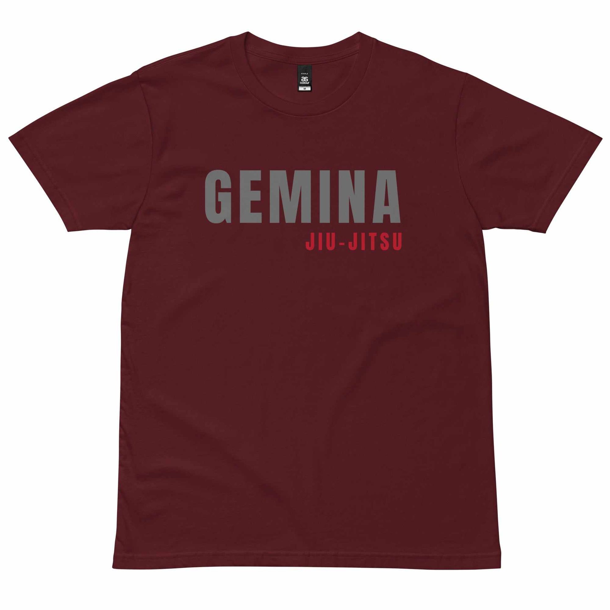 Gemina Jiu Jitsu club tees in maroon with gray and red lettering, 100% cotton.