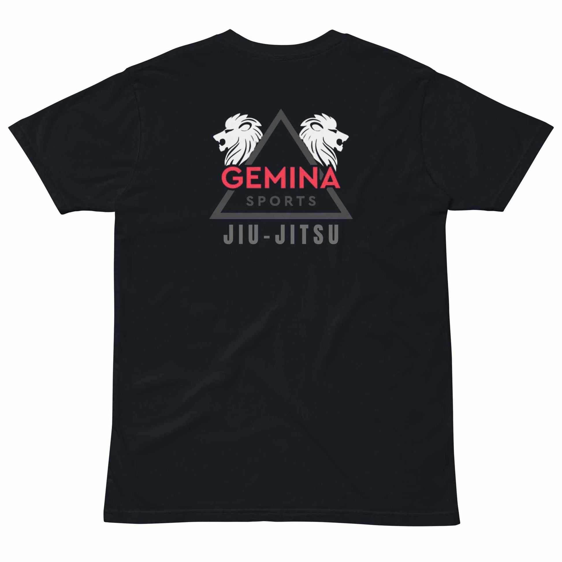 Gemina Jiu Jitsu club tee featuring a sleek design with a lion emblem and bold text, crafted from soft 100% cotton for style and comfort.