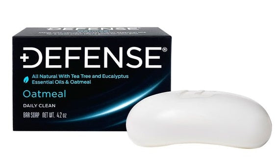Defense Soap oatmeal bar with box displaying natural ingredients, 4.2 oz.