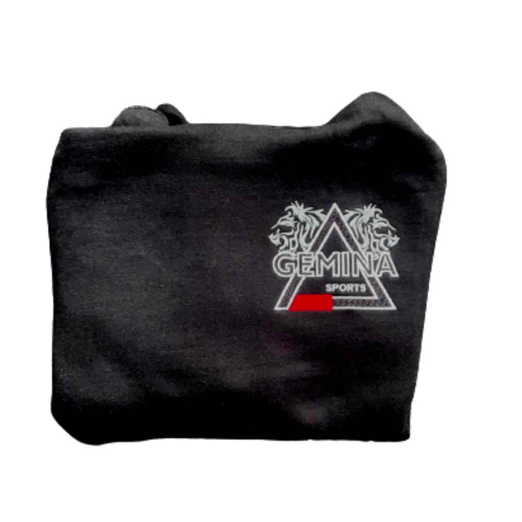 Gemina Club black hoodie with embroidered Gemina Sports logo and in-built mask.