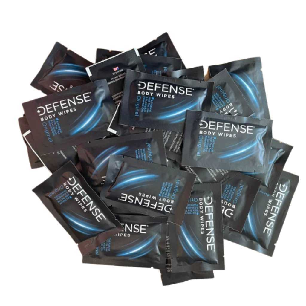 Defense body wipes with natural essential oils in compact packaging.