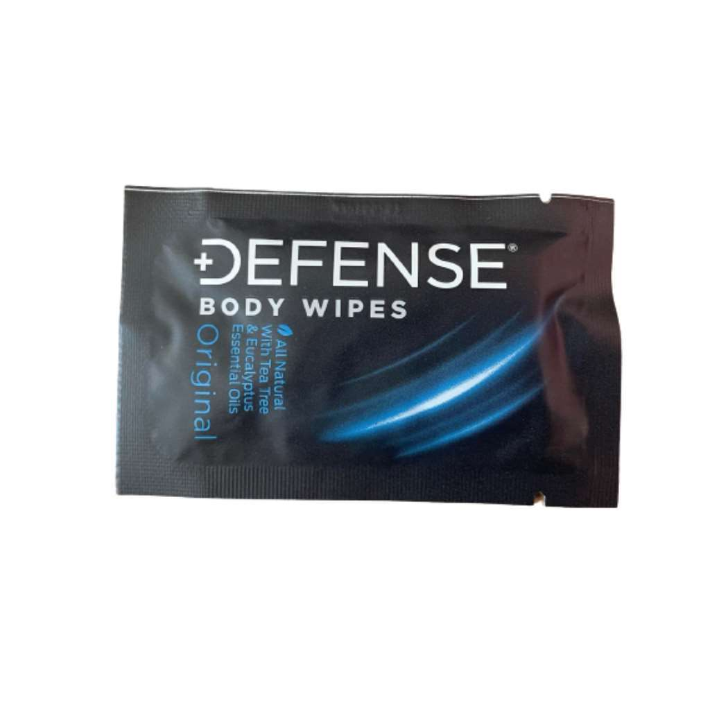Defense Body Wipes pack with natural essential oils, antimicrobial benefits.