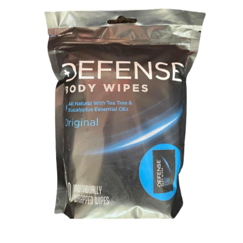 Defense Body Wipes with Tea Tree and Eucalyptus Oils in resealable packaging.