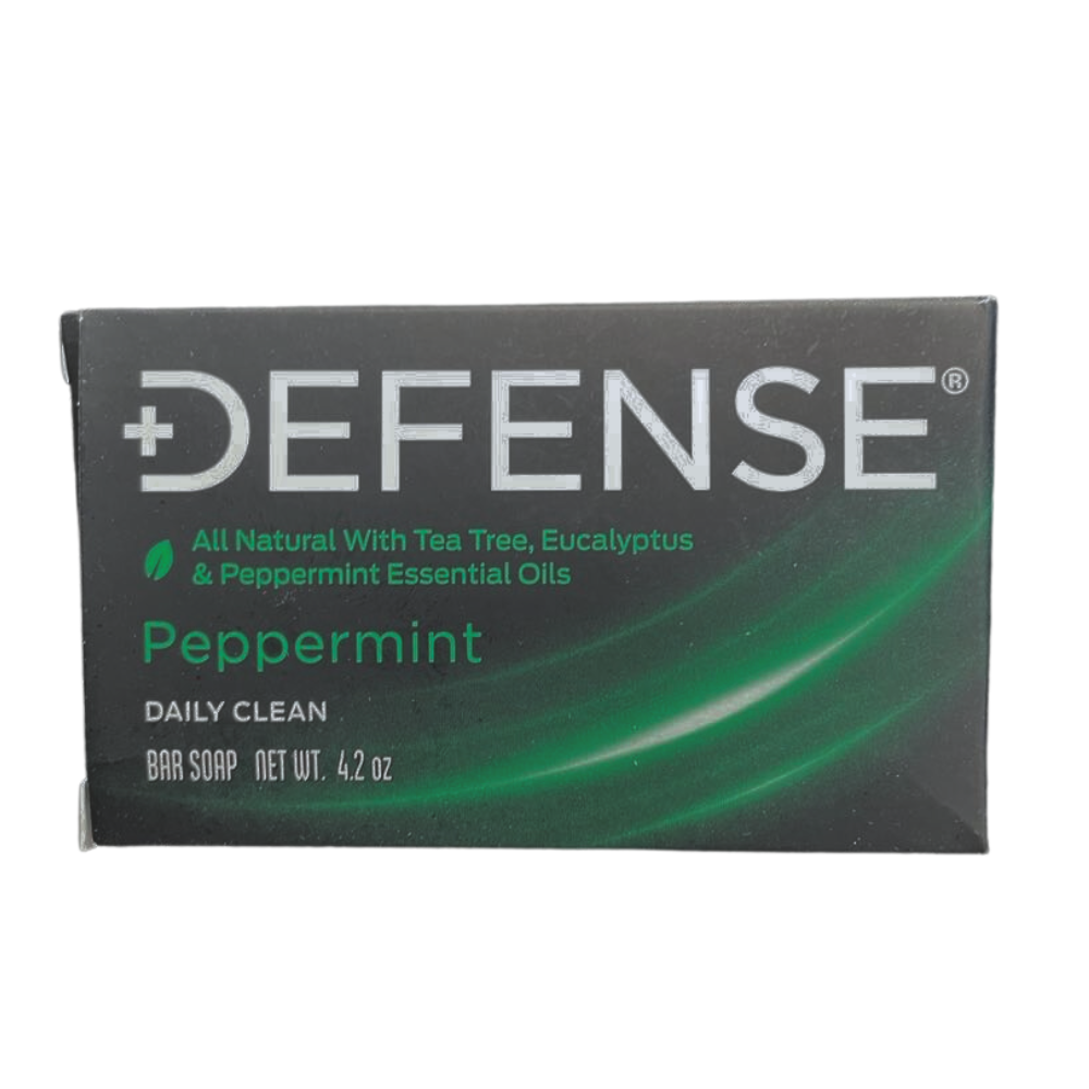 Defense Soap bar with peppermint, tea tree, eucalyptus, and essential oils for skin cleansing and hydration.