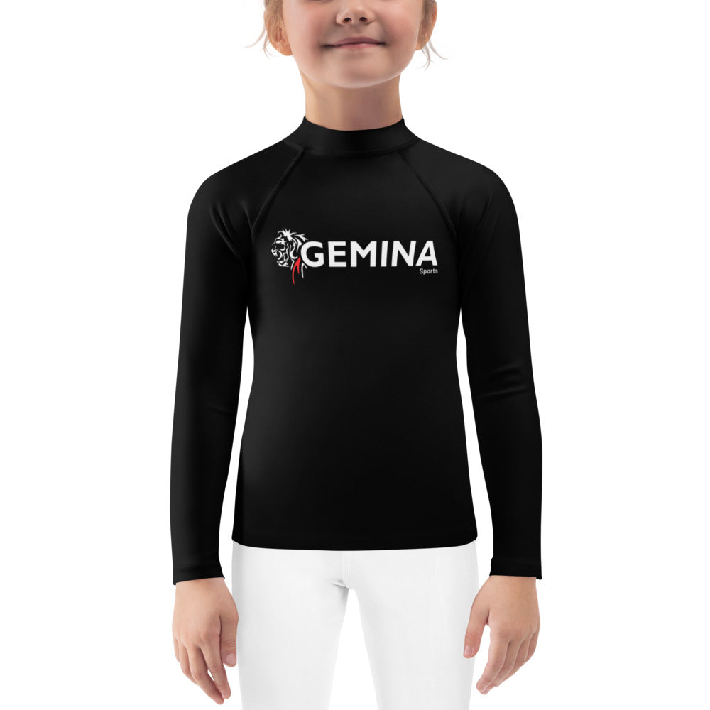 Gemina Kids Rash Guard in black with long sleeves and logo, perfect for beach or indoor activities.