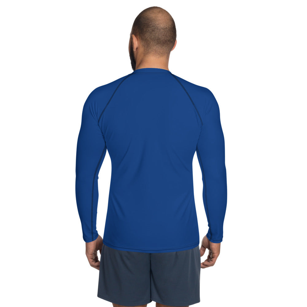 Blue Jiu Jitsu Rash Guard with long sleeves; durable, comfortable, and UPF 50+ protection. Ideal for BJJ training.