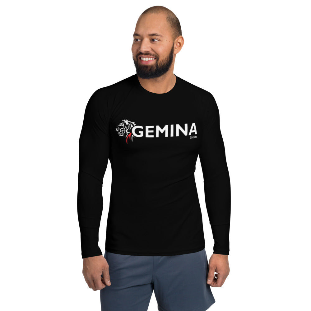 Black long sleeve Jiu Jitsu rash guard by Gemina Sports, featuring sublimated graphics and stretchy, durable material.