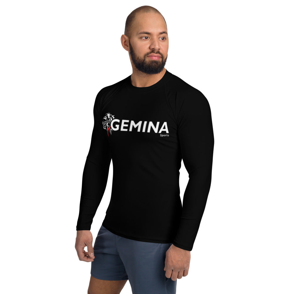 Black Jiu Jitsu Rash Guard by Gemina Sports with long sleeves, durable and comfortable fabric.
