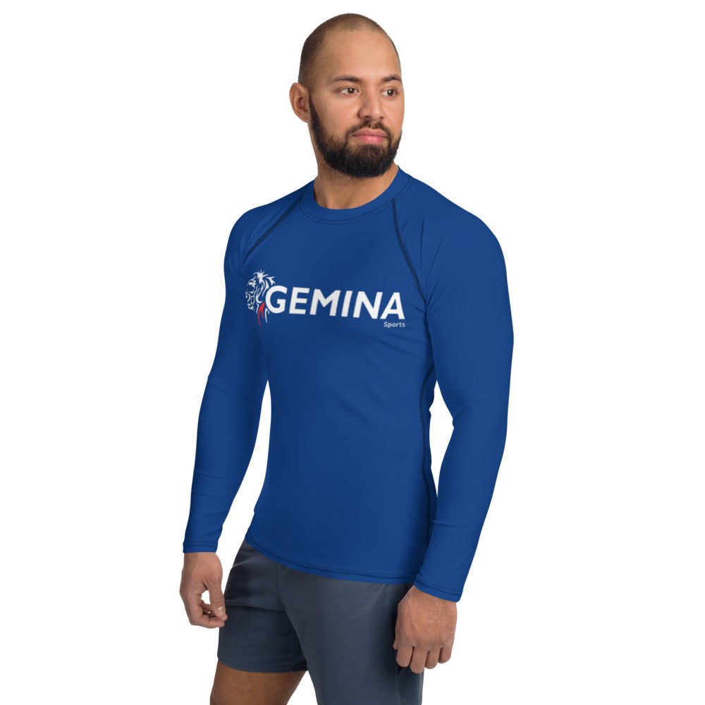 Blue Jiu Jitsu rash guard by Gemina Sports, long sleeve, ideal for BJJ training, durable and comfortable.