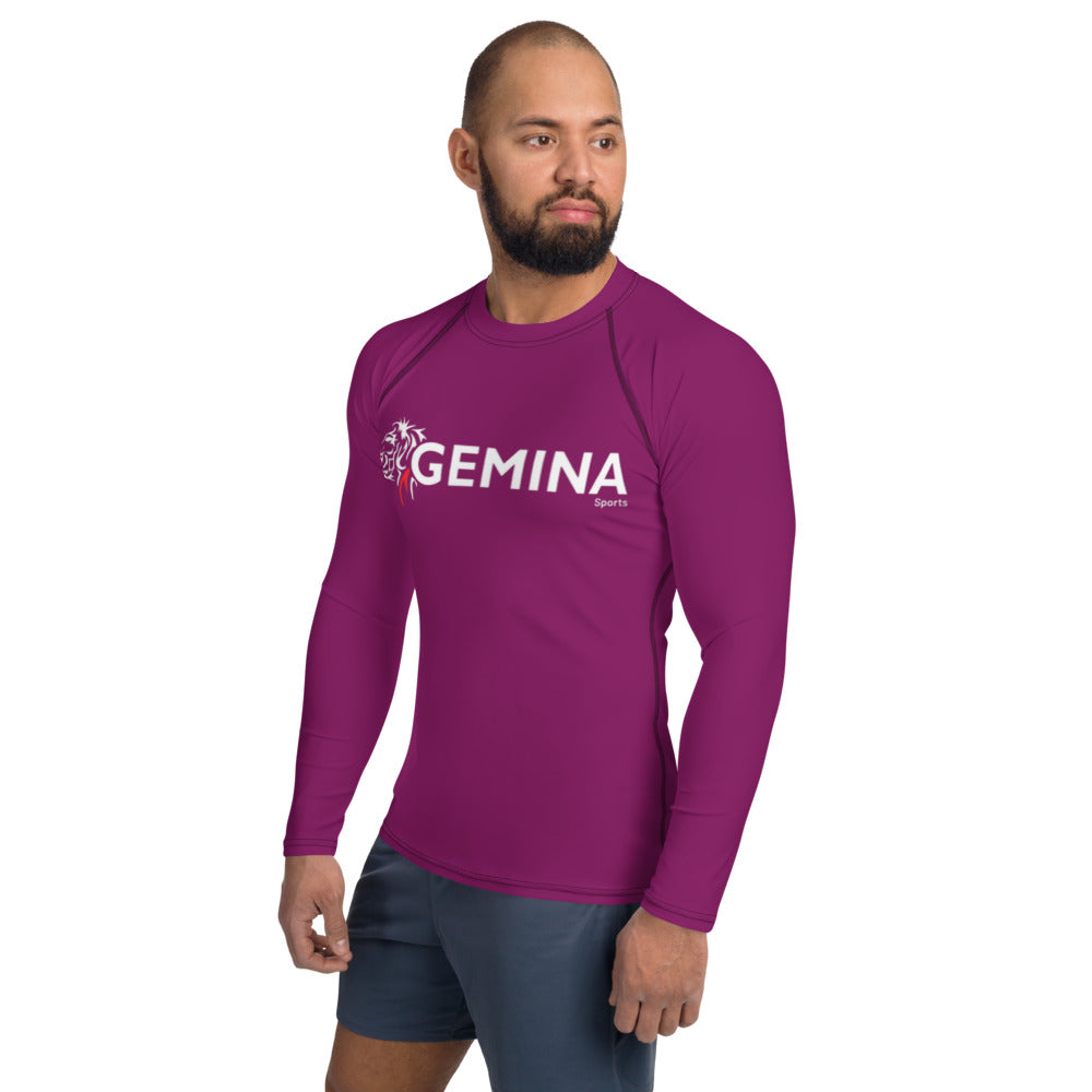 Jiu Jitsu Rash Guard (Purple) by Gemina Sports, durable long-sleeve, sublimated graphic, four-way stretch.