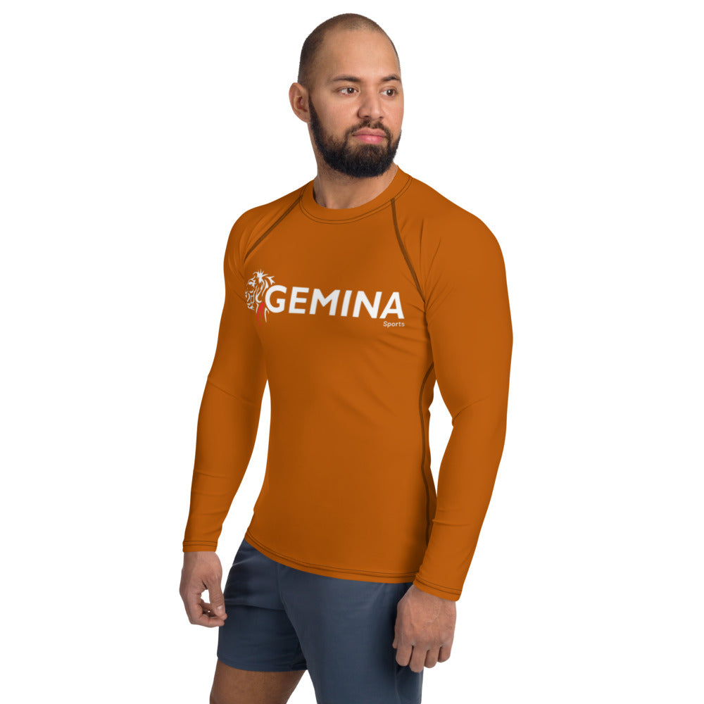 Brown Jiu Jitsu rash guard; long sleeve, durable, comfortable, sunburn-resistant, UPF 50+, four-way stretch.