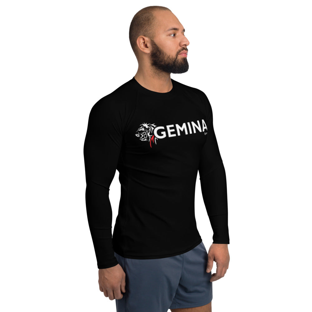 Black Jiu Jitsu rash guard by Gemina Sports with long sleeves, built for durability and comfort, ideal for BJJ training, made of polyester and spandex with UPF 50+.