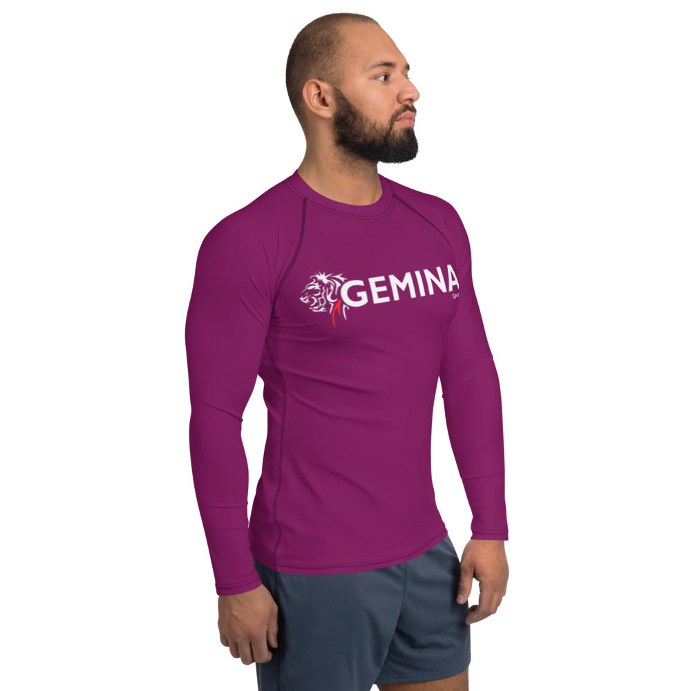 Purple Jiu Jitsu rash guard by Gemina Sports, long sleeve, sunburn-resistant, durable polyester and spandex blend with UPF 50+.