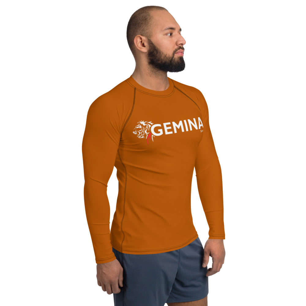 Brown Jiu Jitsu rash guard, long sleeve, Gemina Sports, durable and comfortable, UPF 50+, four-way stretch fabric.