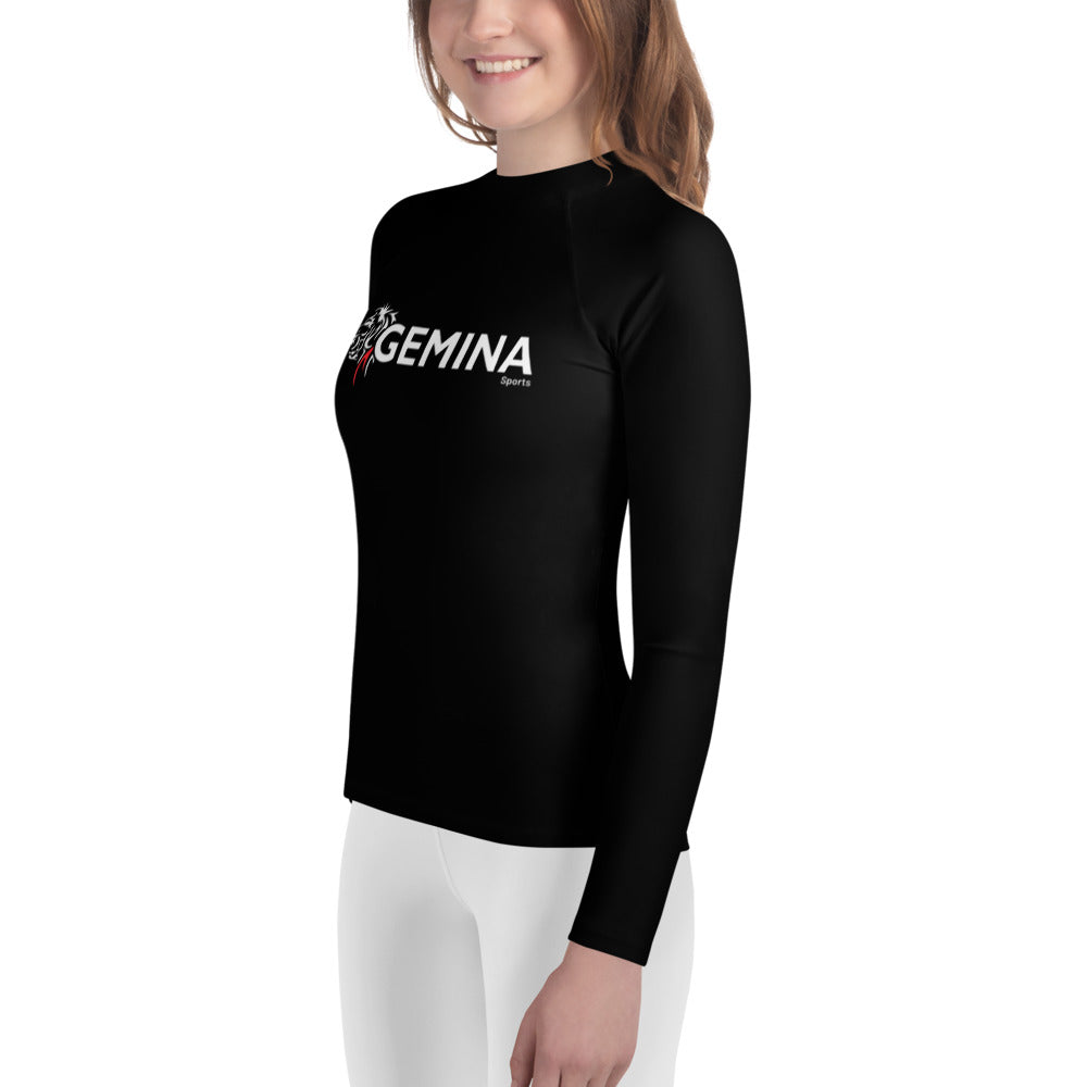 Gemina Youth Rash Guard for water and contact sports, black long sleeve, fitted design.