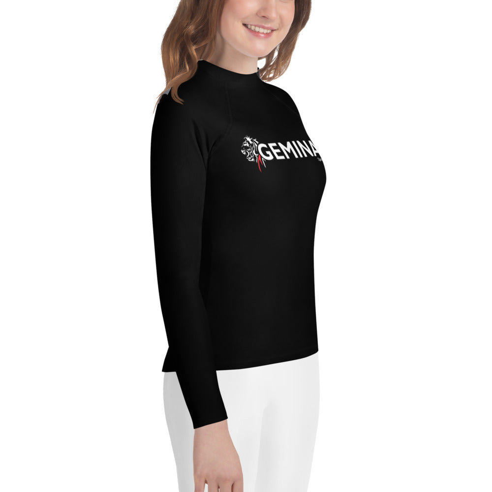 Gemina Youth Rash Guard in black with long sleeves, designed for water and contact sports.