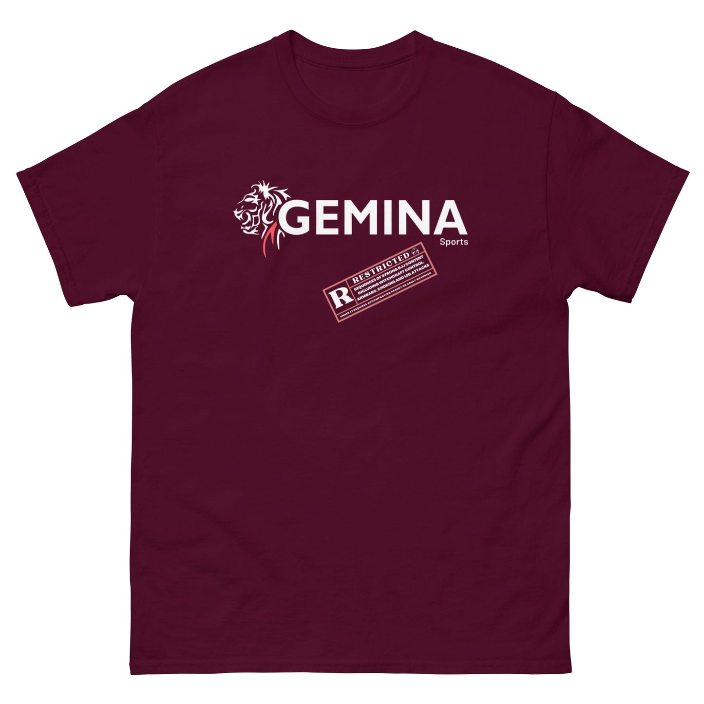 Men's Rate R Gemina T-Shirt in maroon with a lion graphic and "Restricted" text. 100% cotton, ideal for streetwear.