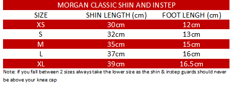 Size chart for Morgan Classic Shin and Instep Guards with shin and foot lengths for sizes XS to XL.