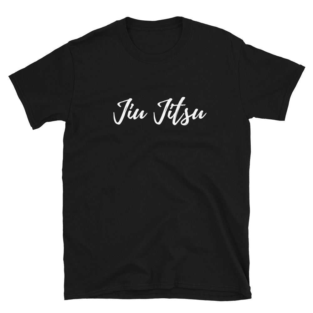 Black Jiu Jitsu T-shirt with white script, 100% cotton, crew neck, durable stitching.