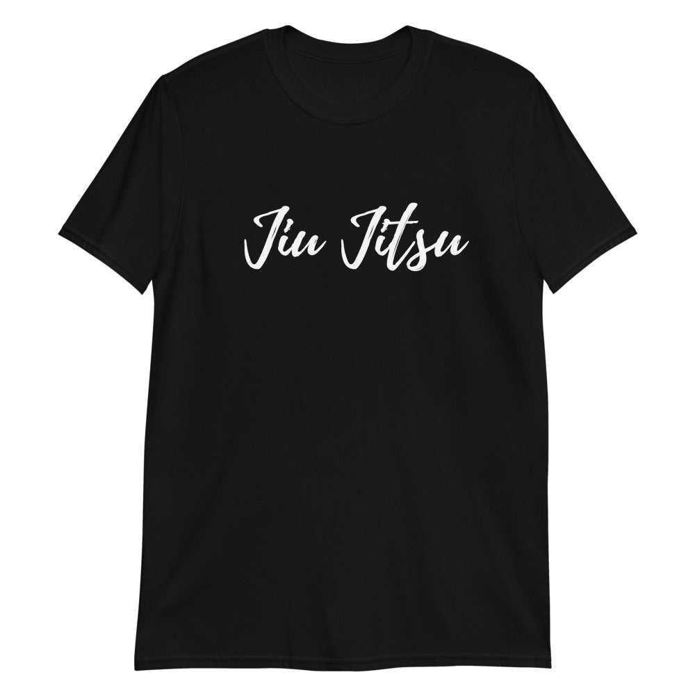 Black Jiu Jitsu T-shirt with white lettering, 100% cotton, crew neck.