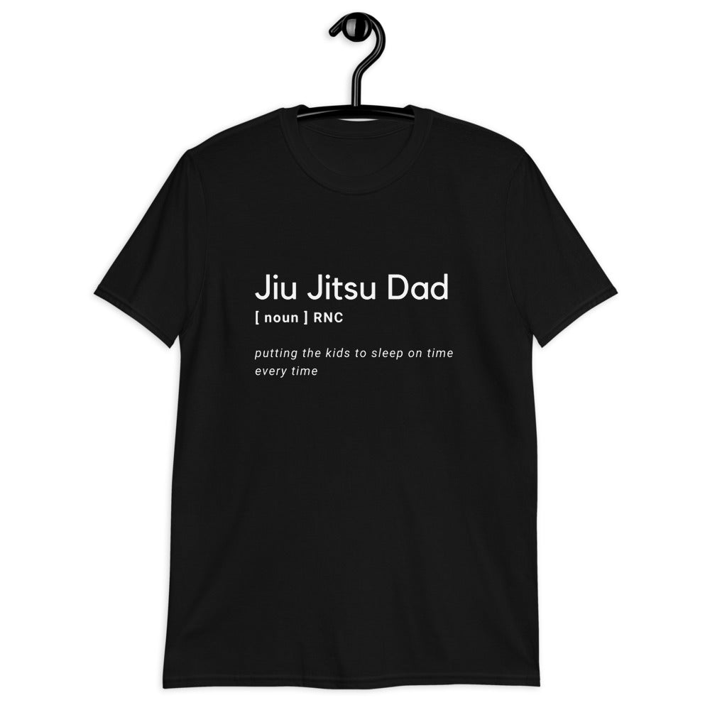 Jiu Jitsu Dad T-Shirt, black, soft cotton, humorous text, durable stitching, various sizes.