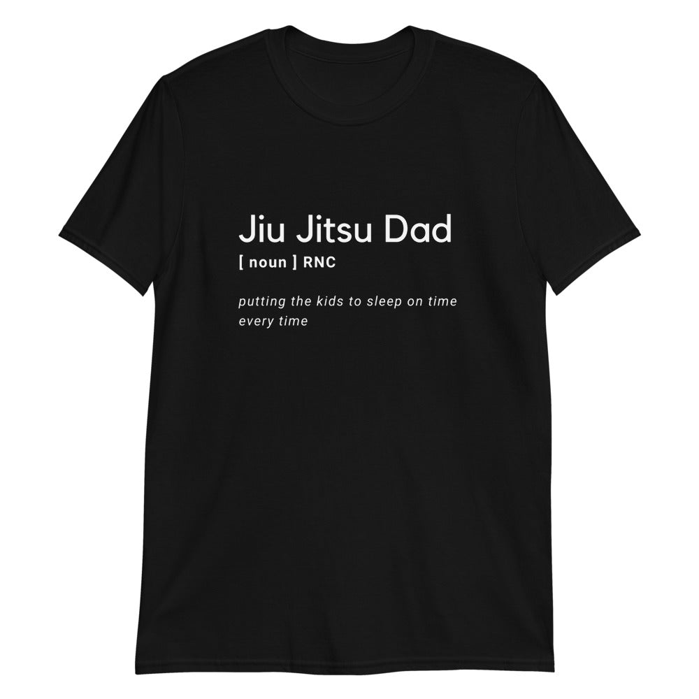 Jiu Jitsu Dad T-Shirt in black with humorous text, 100% ring-spun cotton, available in various sizes.