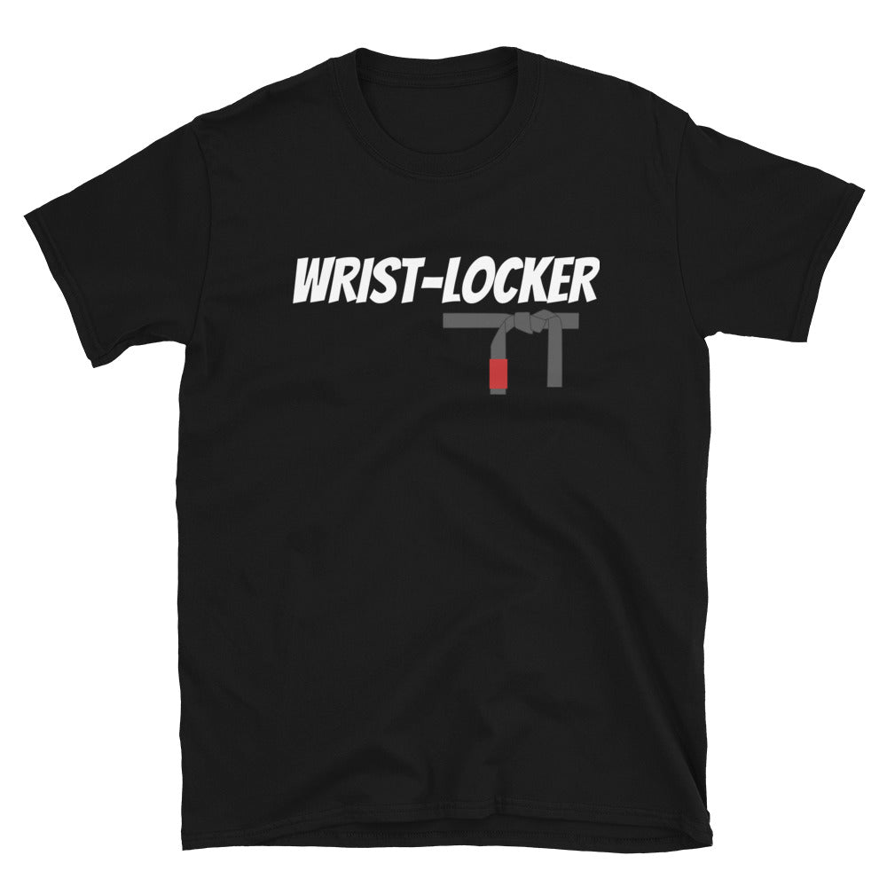 Black "The Wrist Locker T-Shirt" with bold white text, 100% ring-spun cotton for comfort and durability.