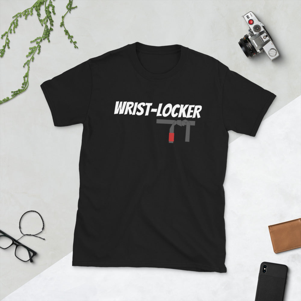Black "Wrist Locker" T-shirt with wristlock graphic, 100% ring-spun cotton, soft and durable.