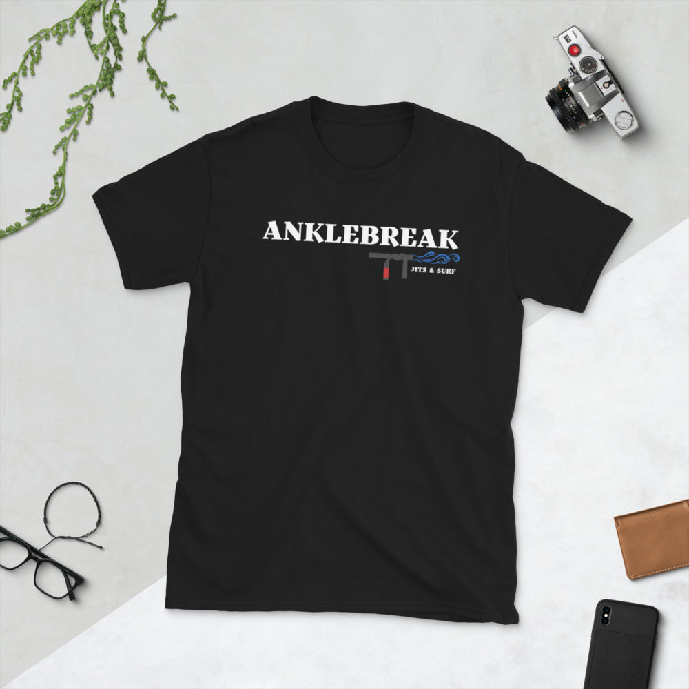 AnkleBreak Jits & Surf T-Shirt, black, 100% ring-spun cotton, Brazilian Jiu Jitsu and surfing design.