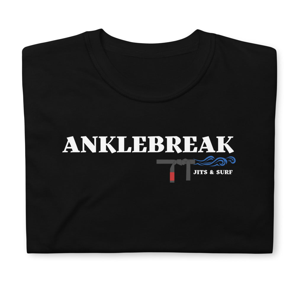 AnkleBreak Jits & Surf T-Shirt, Brazilian Jiu Jitsu and surfing design, 100% cotton, durable stitching.