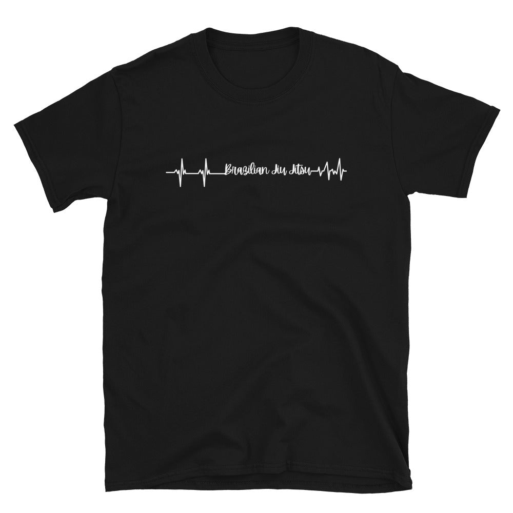 Brazilian Jiu Jitsu Heart Beat T-Shirt with heartbeat design on black fabric.