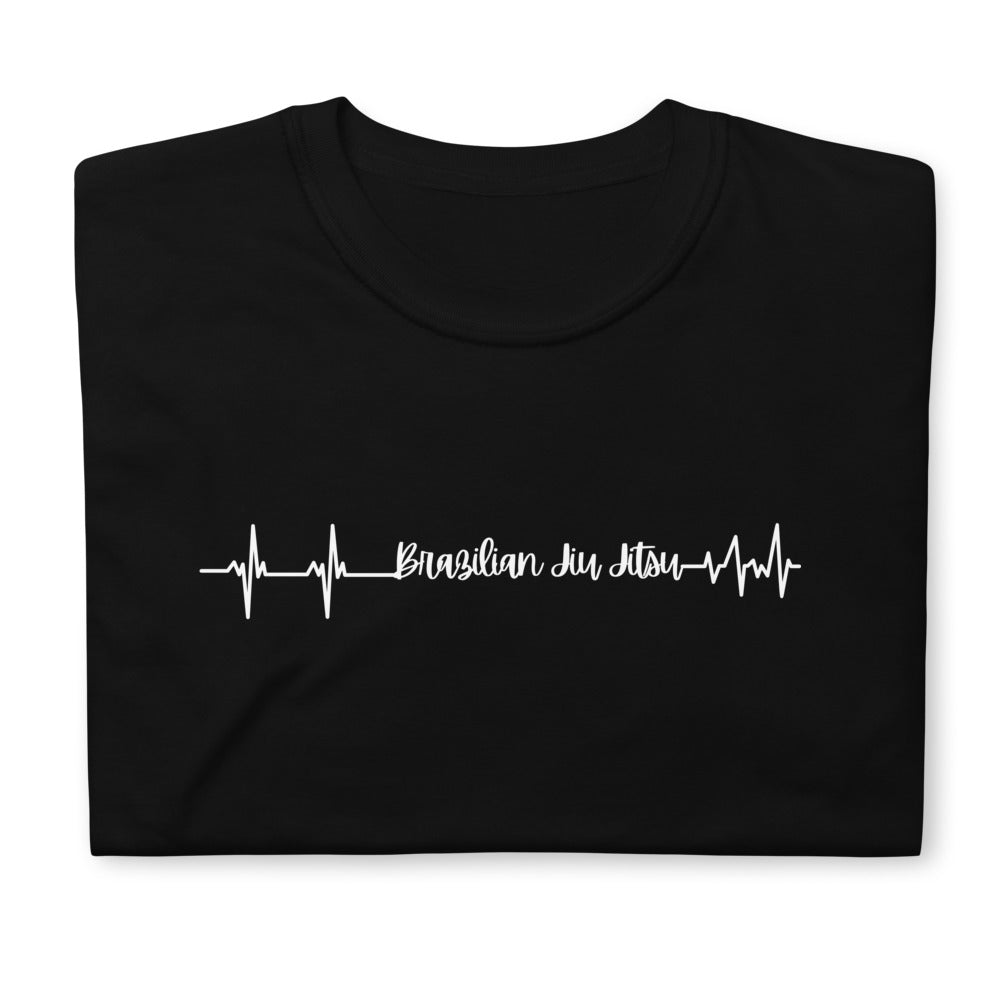 Brazilian Jiu Jitsu Heart Beat T-Shirt, black with heartbeat design, 100% ring-spun cotton.