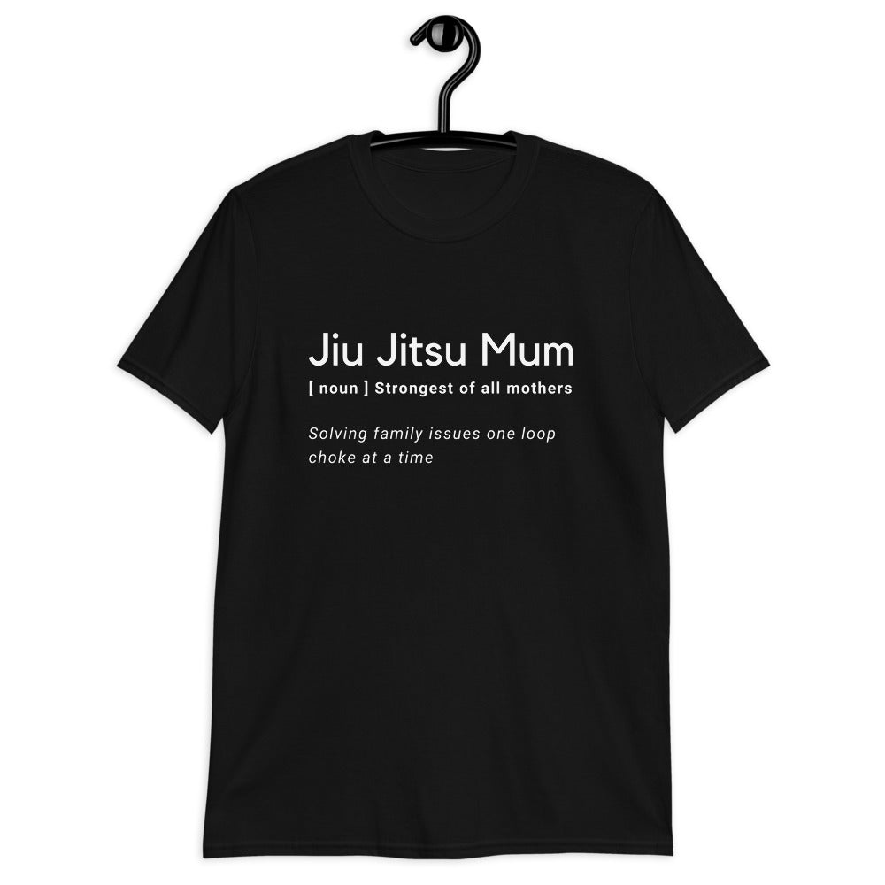 Jiu Jitsu Mum T-shirt made of 100% ring-spun cotton, black, durable stitching, comfortable fit.