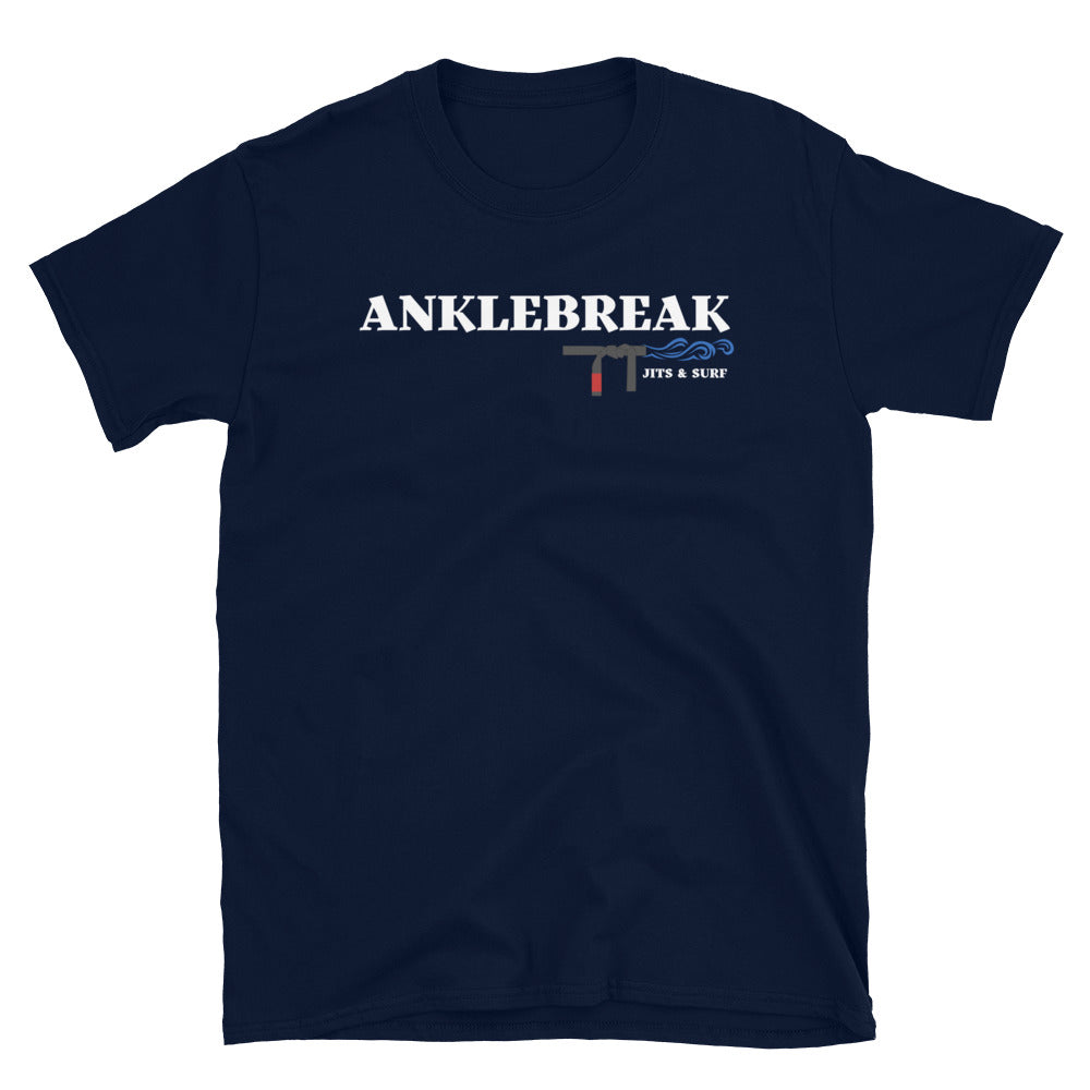 AnkleBreak Jits & Surf T-Shirt featuring Brazilian Jiu Jitsu and surfing theme, 100% ring-spun cotton.