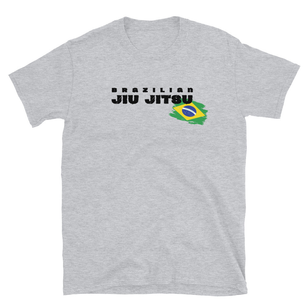 Brazilian Jiu Jitsu Flag T-Shirt with logo design on a grey background.