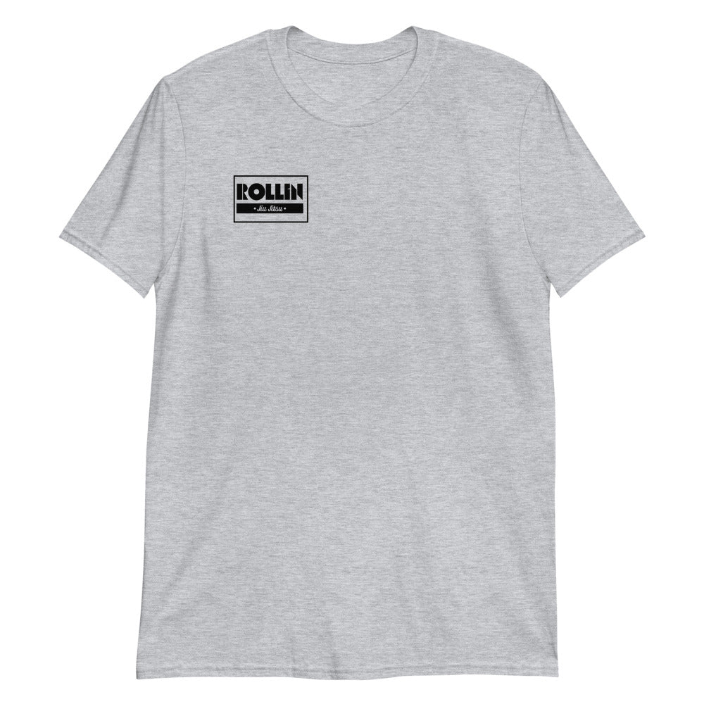 Gray t-shirt with small Rollin Jiu Jitsu logo, soft and comfy 100% ring-spun cotton.