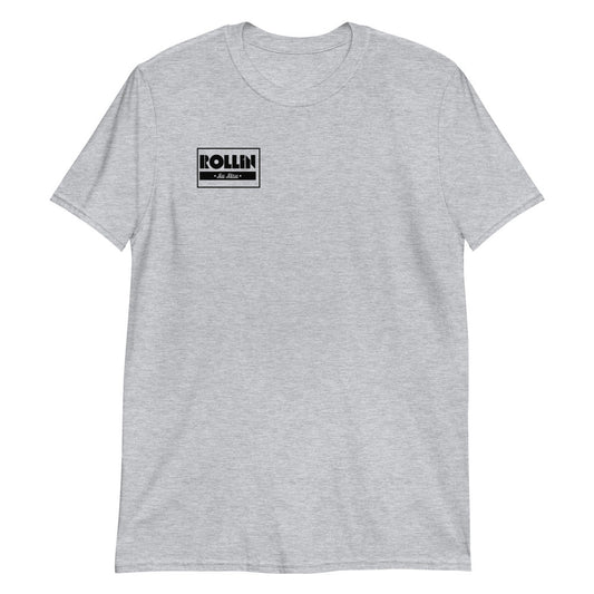 Gray t-shirt with small Rollin Jiu Jitsu logo, soft and comfy 100% ring-spun cotton.