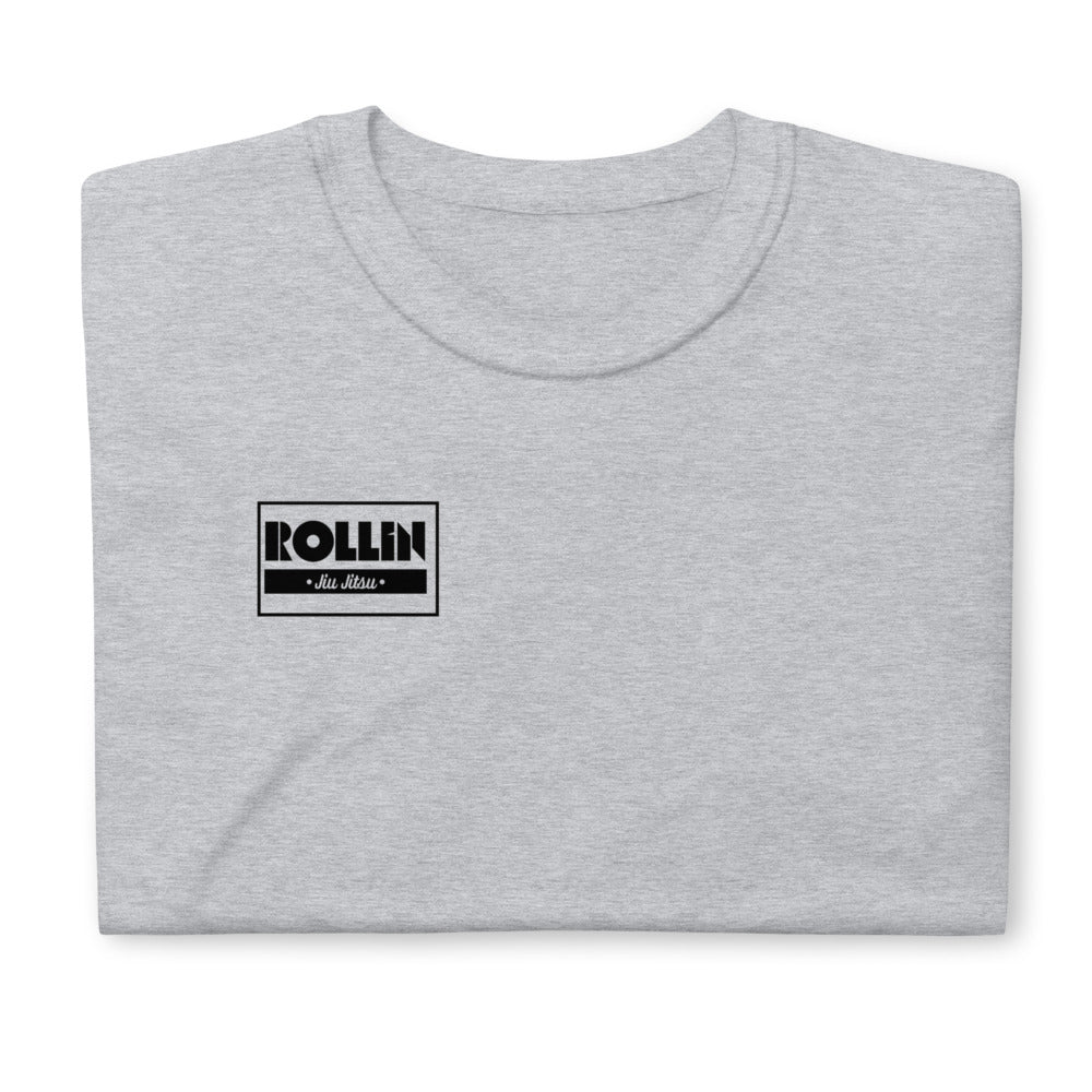 Grey T-shirt with Rollin Jiu Jitsu logo on chest, made from soft ring-spun cotton for comfort and durability.