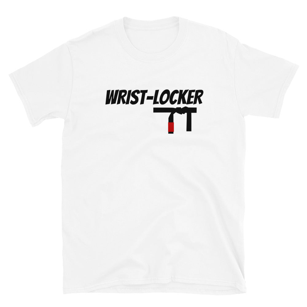 White wrist-locker T-shirt with bold text design.