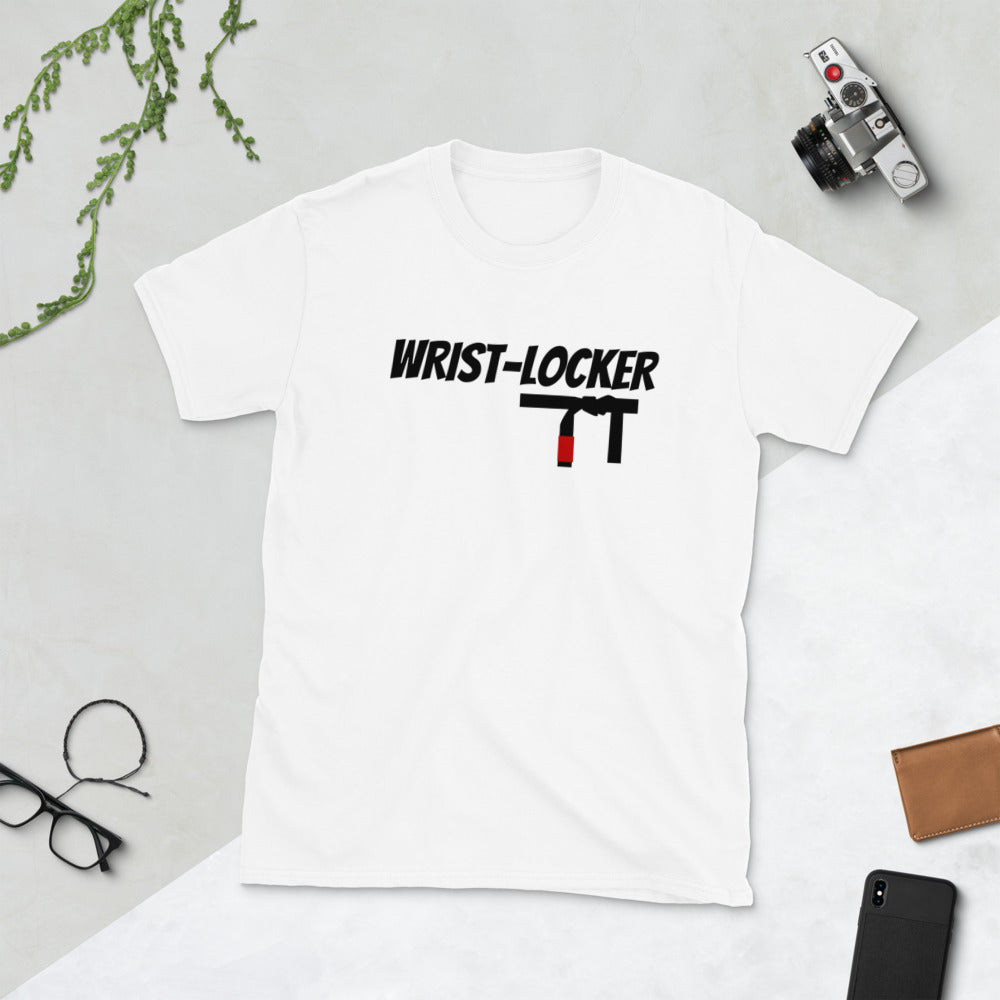 White "Wrist Locker" T-shirt with graphic design, 100% ring-spun cotton.