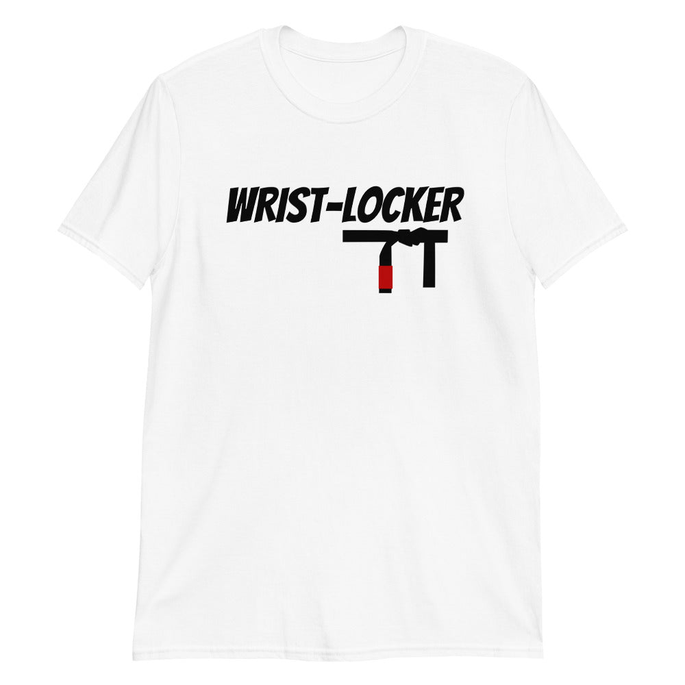 Wrist Locker T-Shirt in white with bold black and red graphics on front.