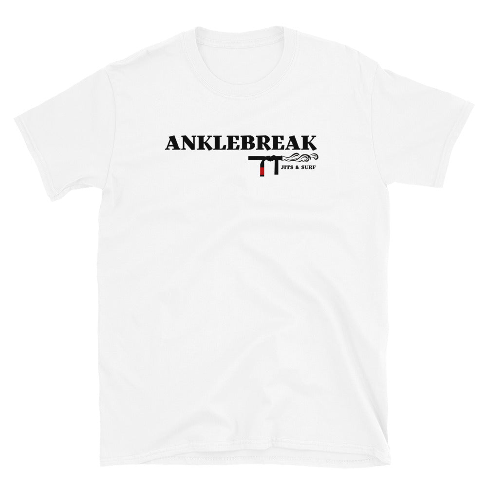 AnkleBreak Jits & Surf T-Shirt in white, featuring durable stitching and soft 100% ring-spun cotton.