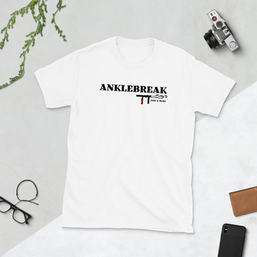 AnkleBreak Jits & Surf T-Shirt, 100% ring-spun cotton, durable double stitching, Brazilian Jiu Jitsu, surfing theme.