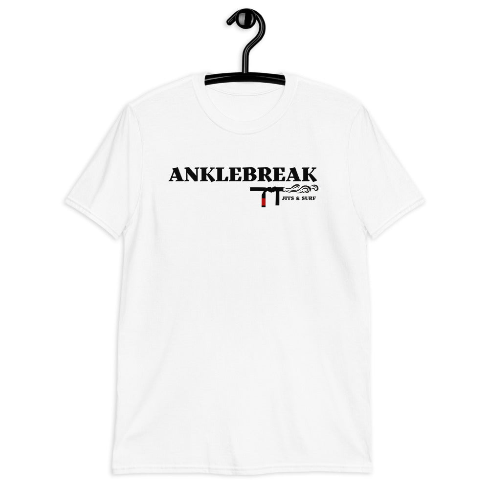AnkleBreak Jits & Surf T-Shirt promoting Brazilian Jiu Jitsu and surfing, made of soft ring-spun cotton.